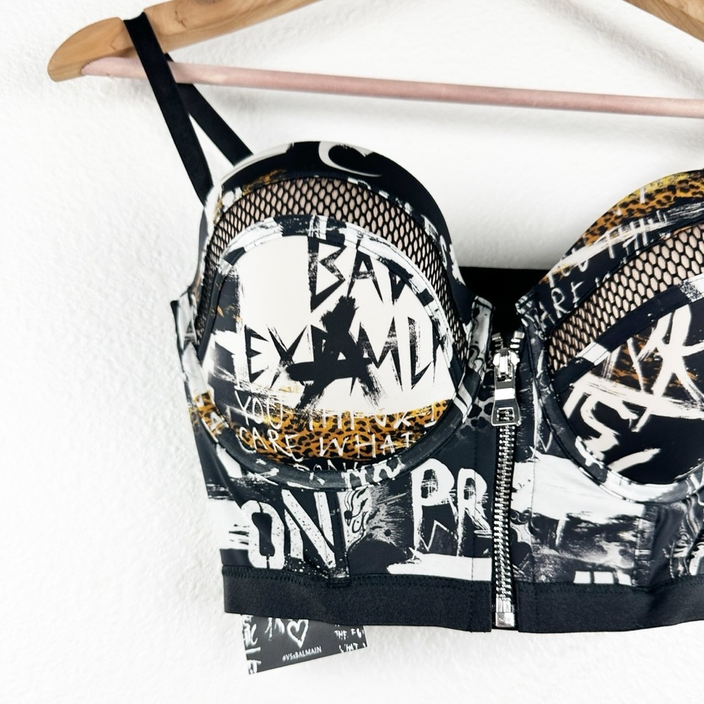 NWT Balmain x Victoria’s Secret Graffiti Punk Longline 34D‎ Bra and M Panty Set - Picture 3 of 13